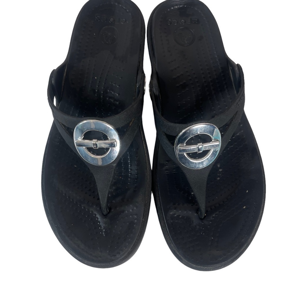 Crocs Sanrah Low Wedge Sandals Black Comfort Slip On Casual Shoes 5